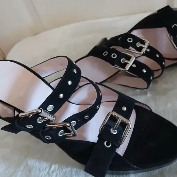 CÉLINE Black Suede Platform Sandals Chunky Block Heel Buckle Straps 40 Luxury